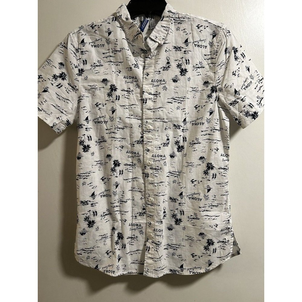 Men’s H&M Divided Hawaiian Button Up White AOP Short Sleeve Shirt Size S